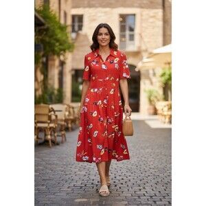 Cabi Red Floral Dress M Button Front Collared Fit Flare Midi Summer Cottagecore